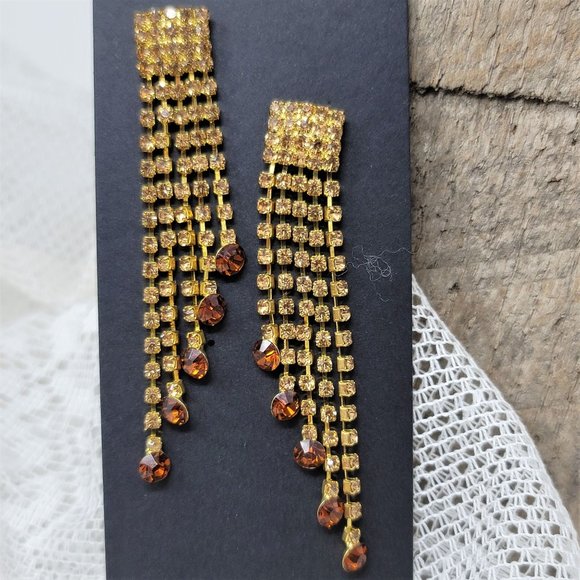 Topaz Long Dangle Rhinestone Earrings Pierced Posts Golden - Picture 2 of 6